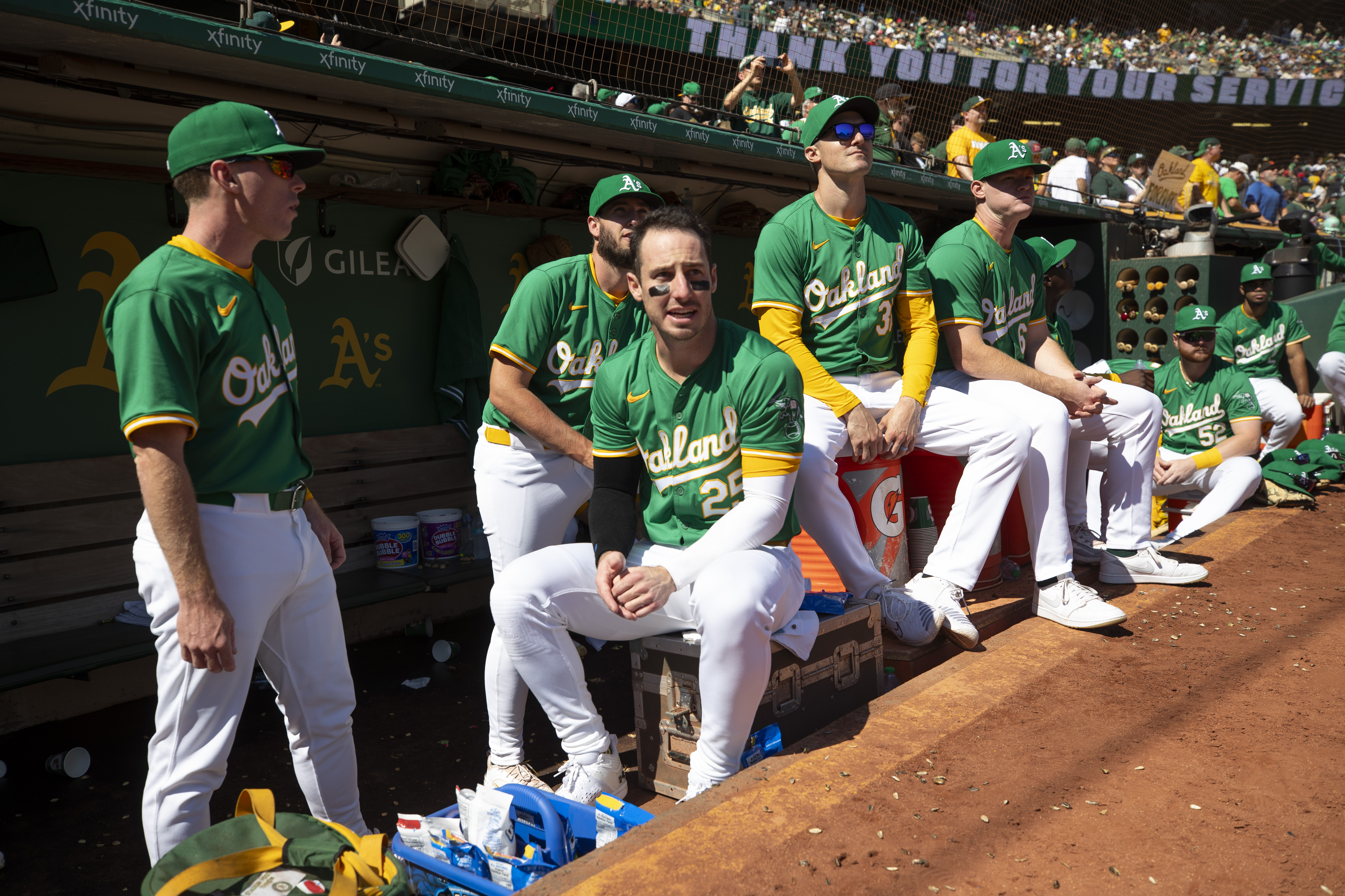 OAKLAND, CA - SEPTEMBER 26: Brent Rooker #25 of the Oakland A's in the dugout during the game against the Texas Rangers at the Oakland Coliseum on September 26, 2024 in Oakland, California. The Athletics defeated the Rangers 3-2 in the Athletics last game at the Oakland Coliseum. (Photo by Michael Zagaris/Oakland Athletics/Getty Images)