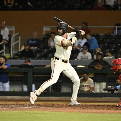 SCOTTSDALE, AZ - OCTOBER 20: Bryce Eldridge #26 of the Scottsdale Scorpions bats during the game between the Salt River Rafters and the Scottsdale Scorpions at Scottsdale Stadium on Sunday, October 20, 2024 in Scottsdale, Arizona. (Photo by Norm Hall/MLB Photos via Getty Images)