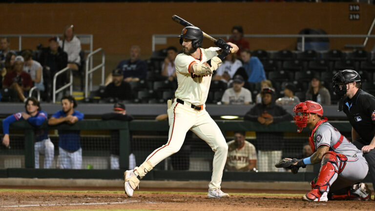 SCOTTSDALE, AZ - OCTOBER 20: Bryce Eldridge #26 of the Scottsdale Scorpions bats during the game between the Salt River Rafters and the Scottsdale Scorpions at Scottsdale Stadium on Sunday, October 20, 2024 in Scottsdale, Arizona. (Photo by Norm Hall/MLB Photos via Getty Images)