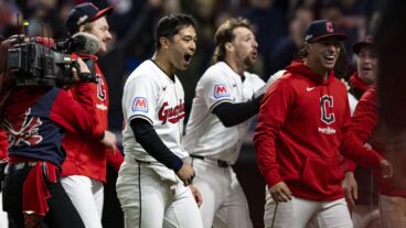 CLEVELAND, OH - OCTOBER 17: Steven Kwan #38 of the Cleveland Guardians celebrates after the Guardians win in a walk off during Game 3 of the ALCS presented by loanDepot between the New York Yankees and the Cleveland Guardians at Progressive Field on Thursday, October 17, 2024 in Cleveland, Ohio. (Photo by Lauren Leigh Bacho/MLB Photos via Getty Images)