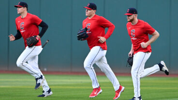 CLEVELAND, OHIO - OCTOBER 19: Cade Smith #36, Erik Sabrowski #62 and Andrew Walters #63 of the Cleveland Guardians run off the field prior to Game Five of the American League Championship Series against the New York Yankees at Progressive Field on October 19, 2024 in Cleveland, Ohio. (Photo by Nick Cammett/Diamond Images via Getty Images)