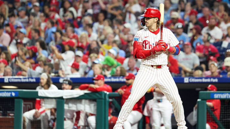 PHILADELPHIA, PENNSYLVANIA - SEPTEMBER 24: Bryson Stott #5 of the Philadelphia Phillies goes to bat against the Miami Marlins at Citizens Bank Park on September 24, 2025 in Philadelphia, Pennsylvania. (Photo by Isaiah Vazquez/Getty Images)