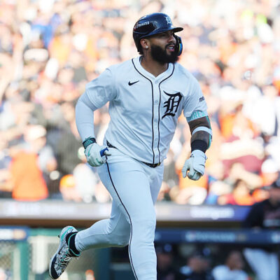 DETROIT, MICHIGAN - OCTOBER 08: Gleyber Torres #25 of the Detroit Tigers hits a solo home run against the Seattle Mariners during the seventh inning of game four of the American League Division Series at Comerica Park on October 08, 2025 in Detroit, Michigan. (Photo by Gregory Shamus/Getty Images)