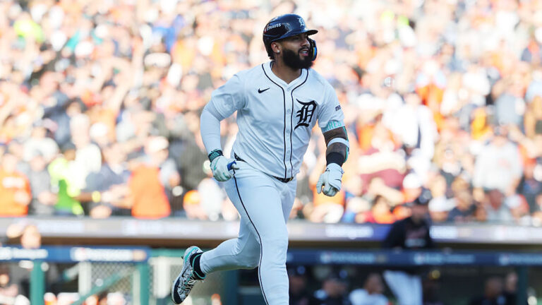 DETROIT, MICHIGAN - OCTOBER 08: Gleyber Torres #25 of the Detroit Tigers hits a solo home run against the Seattle Mariners during the seventh inning of game four of the American League Division Series at Comerica Park on October 08, 2025 in Detroit, Michigan. (Photo by Gregory Shamus/Getty Images)