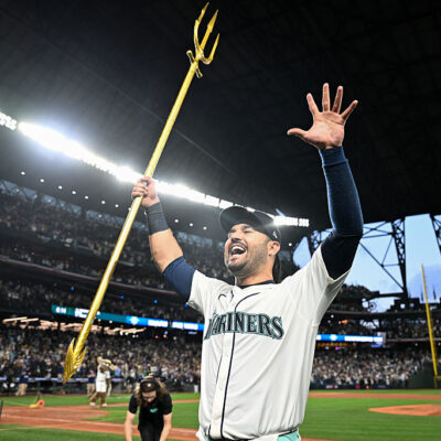 SEATTLE, WA - OCTOBER 17: Eugenio Suárez #28 of the Seattle Mariners celebrates after winning Game Five of the American League Championship Series presented by loanDepot between the Toronto Blue Jays and the Seattle Mariners at T-Mobile Park on Friday, October 17, 2025 in Seattle, Washington. (Photo by Rod Mar/MLB Photos via Getty Images)