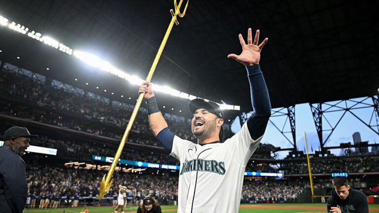 SEATTLE, WA - OCTOBER 17: Eugenio Suárez #28 of the Seattle Mariners celebrates after winning Game Five of the American League Championship Series presented by loanDepot between the Toronto Blue Jays and the Seattle Mariners at T-Mobile Park on Friday, October 17, 2025 in Seattle, Washington. (Photo by Rod Mar/MLB Photos via Getty Images)