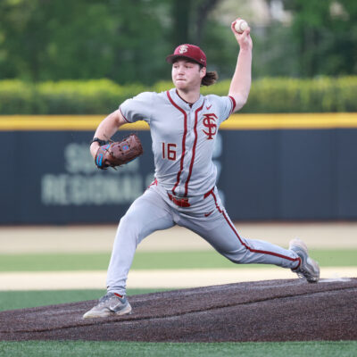 Jamie Arnold of the Florida State Seminoles pitches against the Wake Forest Demon Deacons at David F. Couch Ballpark.