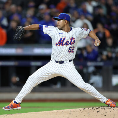 Jose Quintana #62 of the New York Mets throws a pitch during the first inning against the Los Angeles Dodgers during Game Four of the National League Championship Series at Citi Field.