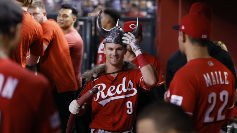 Matt McLain of the Cincinnati Reds celebrates his one run home run during the sixth inning of the game against the Arizona Diamondbacks at Chase Field on August 26, 2023 in Phoenix, Arizona. The Reds defeated the Diamondbacks.