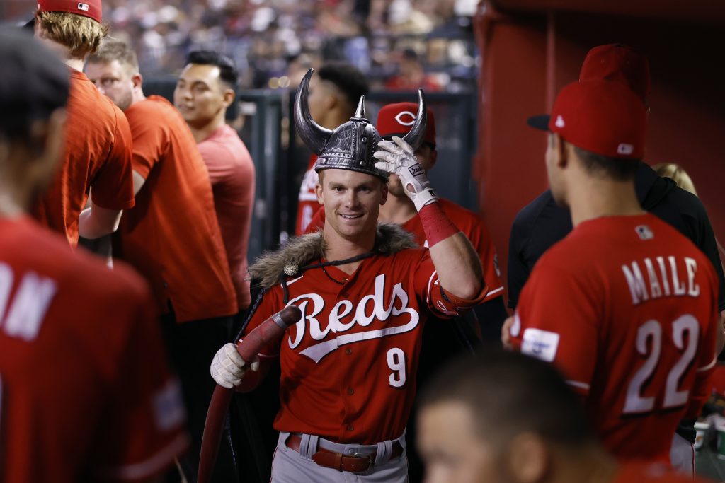 Matt McLain of the Cincinnati Reds celebrates his one run home run during the sixth inning of the game against the Arizona Diamondbacks at Chase Field on August 26, 2023 in Phoenix, Arizona. The Reds defeated the Diamondbacks.