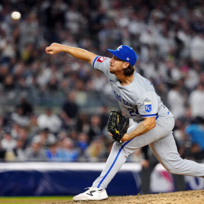 Michael Lorenzen of the Kansas City Royals pitches during Game 1 of the Division Series presented by Booking.com between the Kansas City Royals and the New York Yankees at Yankee Stadium.