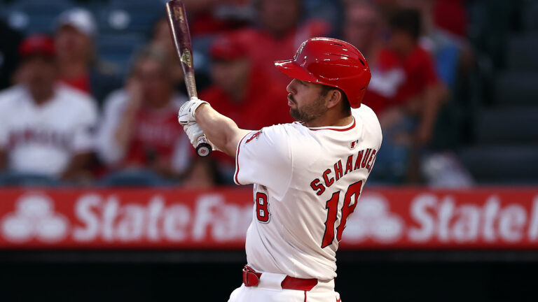 Nolan Schanuel of the Los Angeles Angels at bat during the first inning against the Chicago White Sox at Angel Stadium of Anaheim.