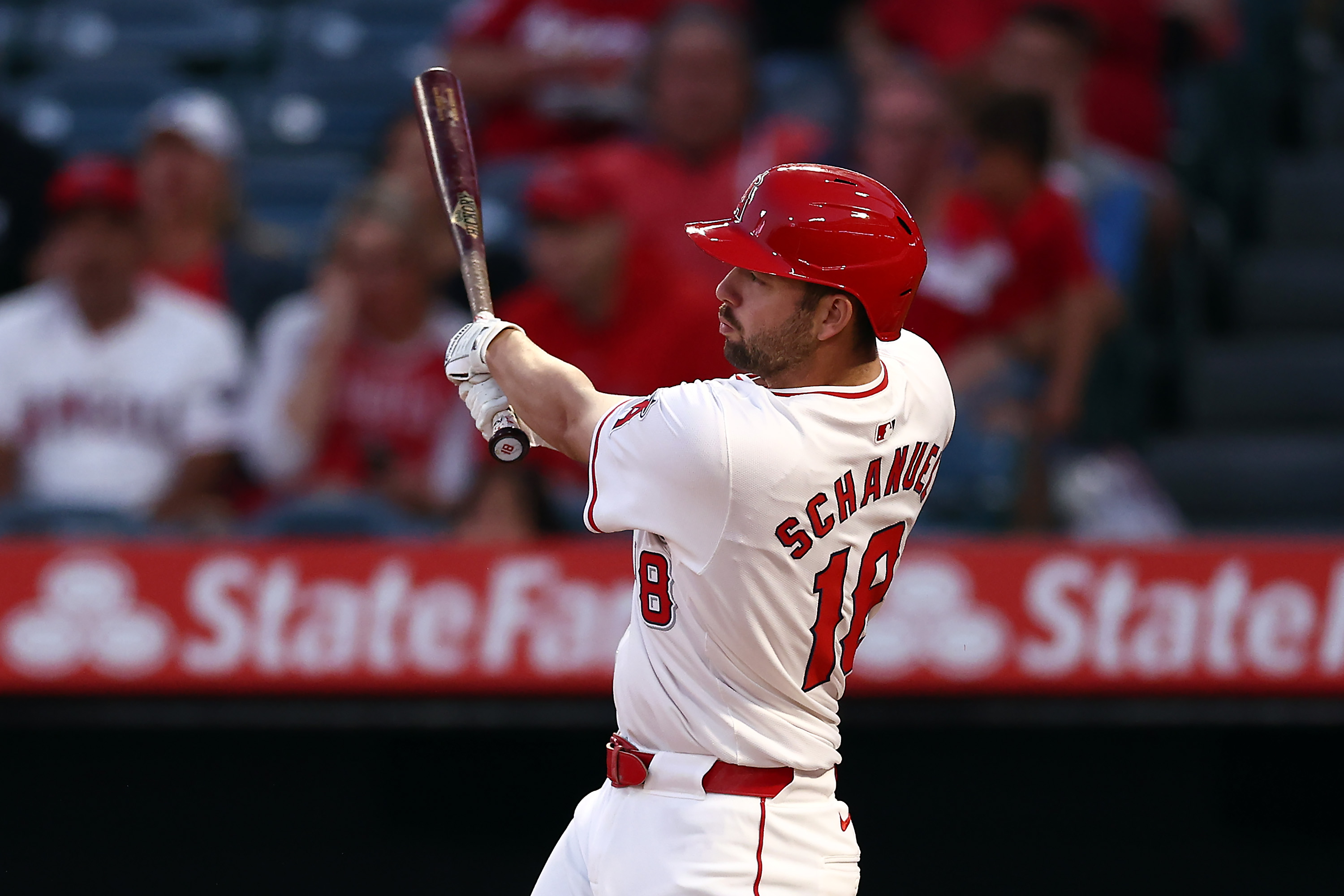 Nolan Schanuel of the Los Angeles Angels at bat during the first inning against the Chicago White Sox at Angel Stadium of Anaheim.