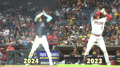 Comparing two clips of Corbin Carroll of the Arizona Diamondbacks taking a swing in 2023 and 2024.