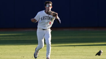 Brendan Summerhill of University of Arizona catches a fly ball for an out in the top of the first inning against Grand Canyon University at Hi Corbett Field.