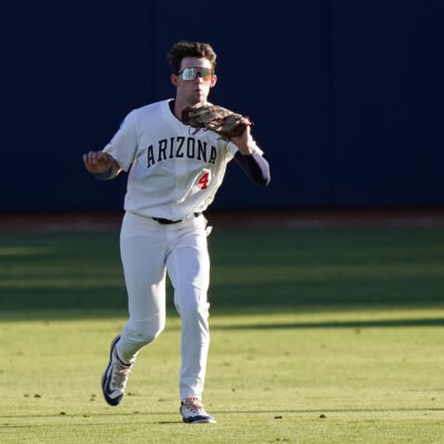 Brendan Summerhill of University of Arizona catches a fly ball for an out in the top of the first inning against Grand Canyon University at Hi Corbett Field.