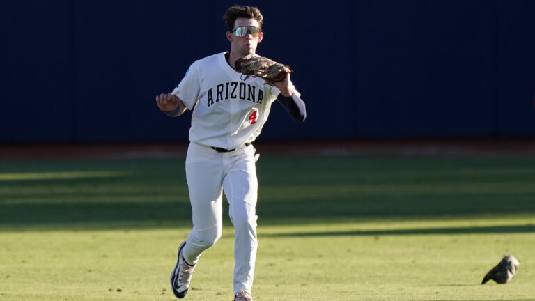 Brendan Summerhill of University of Arizona catches a fly ball for an out in the top of the first inning against Grand Canyon University at Hi Corbett Field.