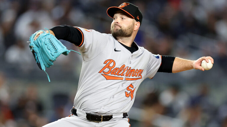 Danny Coulombe of the Baltimore Orioles pitches against the New York Yankees at Yankee Stadium.