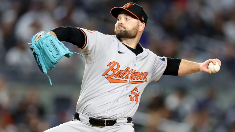 Danny Coulombe of the Baltimore Orioles pitches against the New York Yankees at Yankee Stadium.