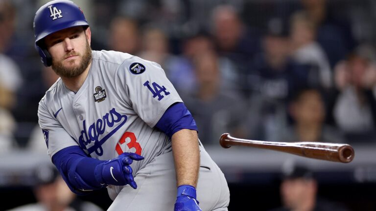 Max Muncy of the Los Angeles Dodgers walks during the fifth inning of Game Five of the 2024 World Series against the New York Yankees at Yankee Stadium.