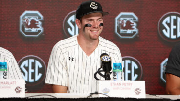South Carolina Gamecocks utility Ethan Petry during the post game preference after the 2024 SEC Baseball Tournament game between the Kentucky Wildcats and the South Carolina Gamecocks on May 24, 2024 at the Hoover Metropolitan Stadium.