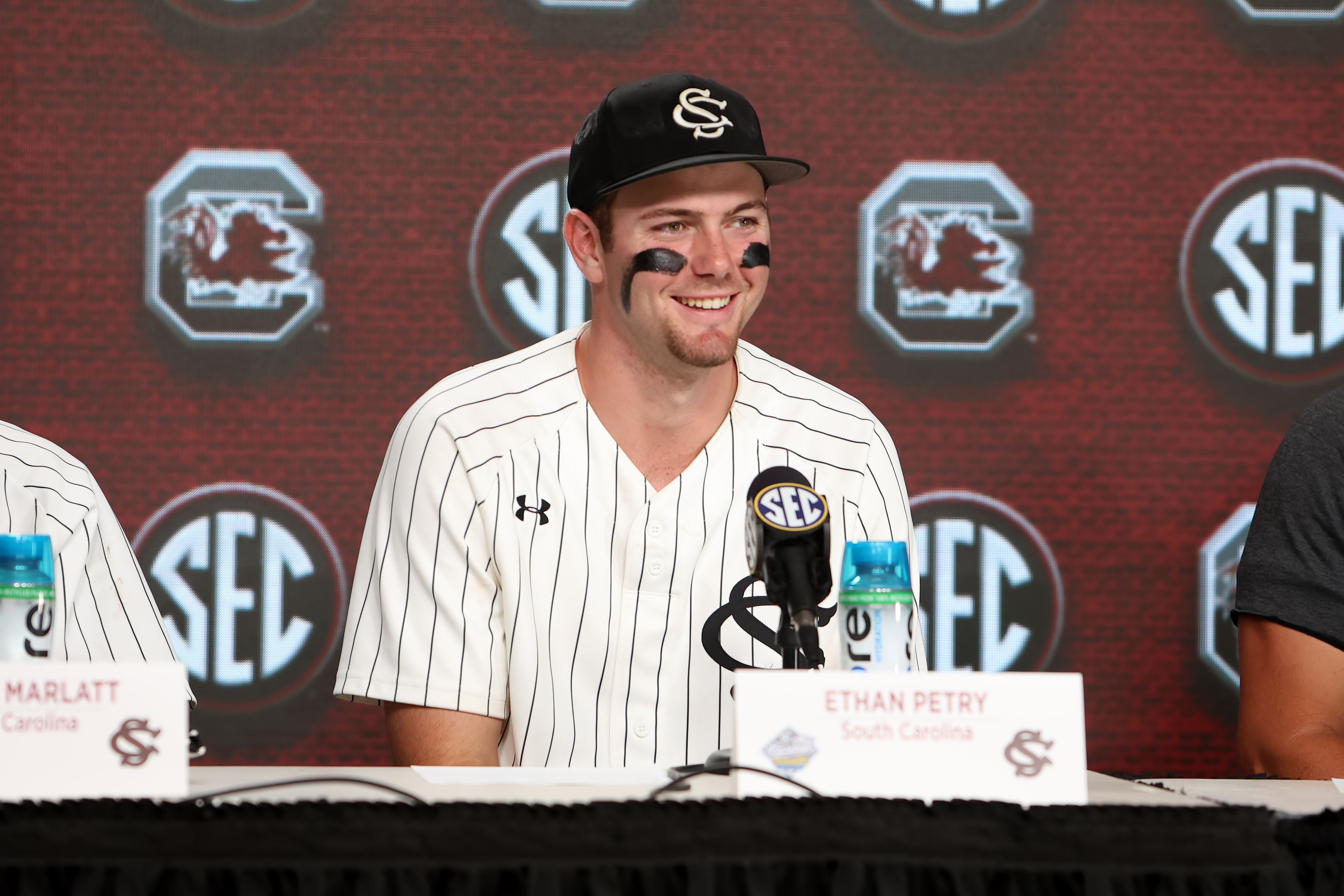 South Carolina Gamecocks utility Ethan Petry during the post game preference after the 2024 SEC Baseball Tournament game between the Kentucky Wildcats and the South Carolina Gamecocks on May 24, 2024 at the Hoover Metropolitan Stadium.
