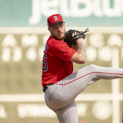 Garrett Crochet #35 of the Boston Red Sox throws live batting practice during a Spring Training workout at JetBlue Park at Fenway South.