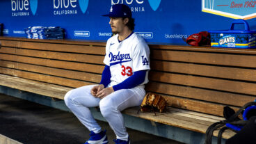 LOS ANGELES, CA - APRIL 1, 2024: Los Angeles Dodgers center fielder James Outman (33) in the dugout before the game against the San Francisco Giants on April 1, 2024 at Dodger Stadium in Los Angeles, California.(Gina Ferazzi / Los Angeles Times via Getty Images)
