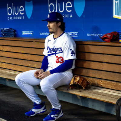 LOS ANGELES, CA - APRIL 1, 2024: Los Angeles Dodgers center fielder James Outman (33) in the dugout before the game against the San Francisco Giants on April 1, 2024 at Dodger Stadium in Los Angeles, California.(Gina Ferazzi / Los Angeles Times via Getty Images)