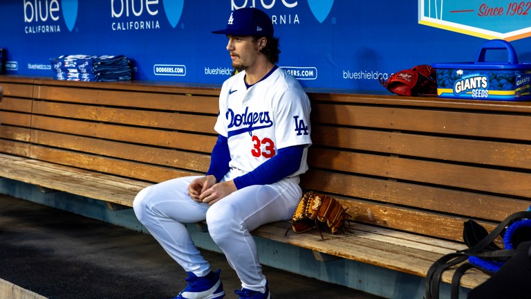 LOS ANGELES, CA - APRIL 1, 2024: Los Angeles Dodgers center fielder James Outman (33) in the dugout before the game against the San Francisco Giants on April 1, 2024 at Dodger Stadium in Los Angeles, California.(Gina Ferazzi / Los Angeles Times via Getty Images)