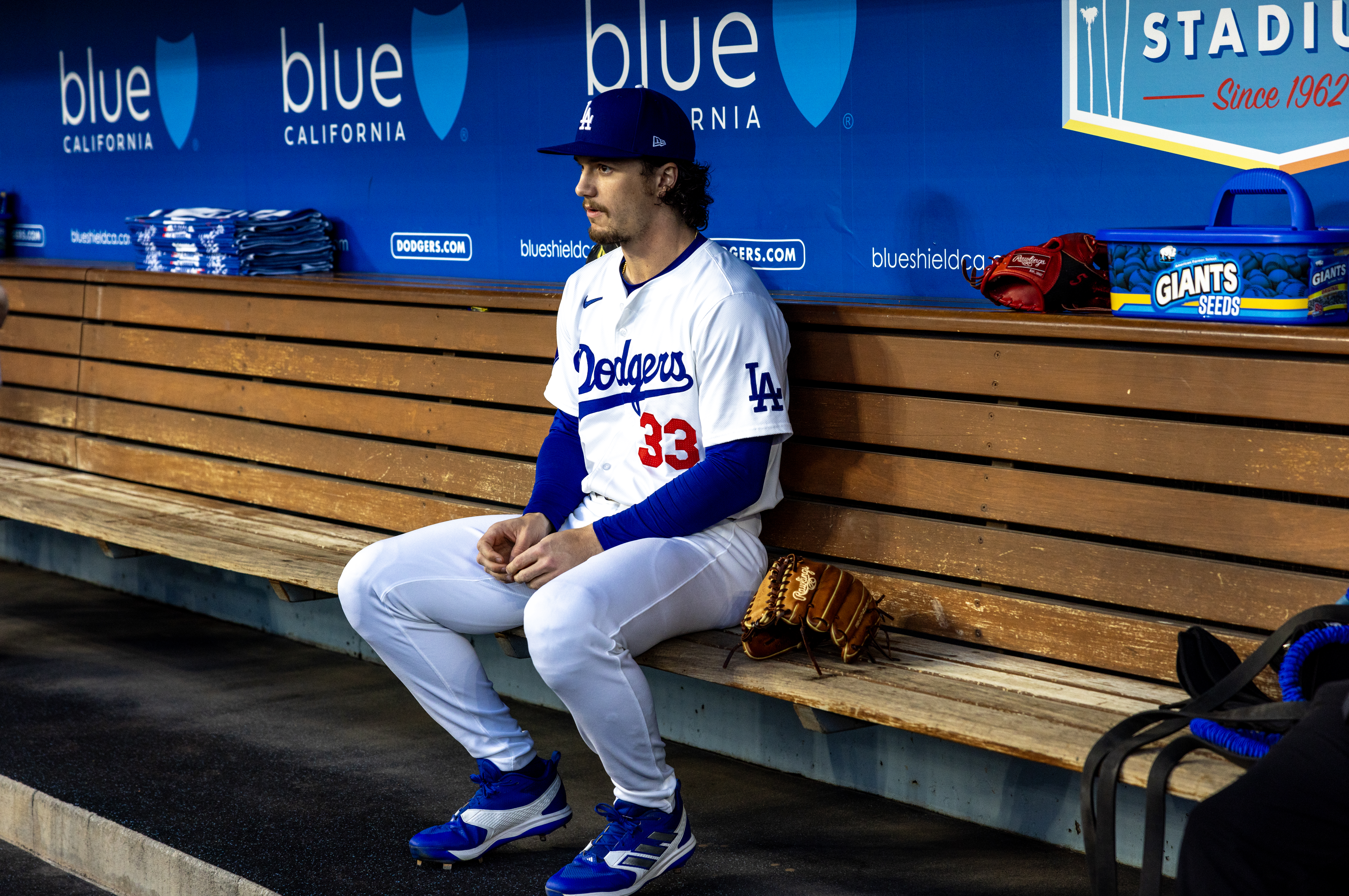 LOS ANGELES, CA - APRIL 1, 2024: Los Angeles Dodgers center fielder James Outman (33) in the dugout before the game against the San Francisco Giants on April 1, 2024 at Dodger Stadium in Los Angeles, California.(Gina Ferazzi / Los Angeles Times via Getty Images)
