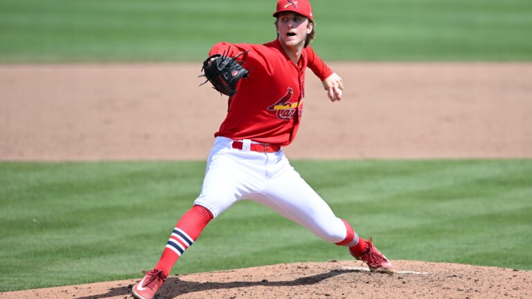 JUPITER, FLORIDA - MARCH 17, 2024: Quinn Mathews #68 of the St. Louis Cardinals throws a pitch during the seventh inning of a spring training Spring Breakout game against the Houston Astros at Roger Dean Chevrolet Stadium on March 17, 2024 in Jupiter, Florida. (Photo by Nick Cammett/Diamond Images via Getty Images)