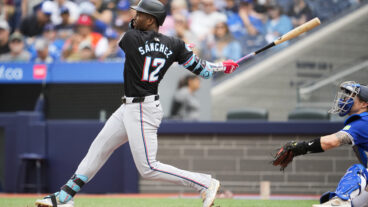 TORONTO, ON - SEPTEMBER 29: Jesus Sanchez #12 of the Miami Marlins takes an at bat against the Toronto Blue Jays during the third inning in their MLB game at the Rogers Centre on September 29, 2024 in Toronto, Ontario, Canada. (Photo by Mark Blinch/Getty Images)