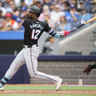 TORONTO, ON - SEPTEMBER 29: Jesus Sanchez #12 of the Miami Marlins takes an at bat against the Toronto Blue Jays during the third inning in their MLB game at the Rogers Centre on September 29, 2024 in Toronto, Ontario, Canada. (Photo by Mark Blinch/Getty Images)