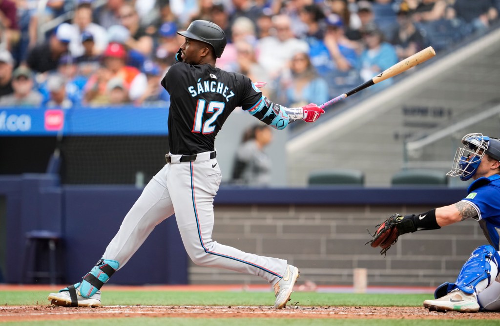 TORONTO, ON - SEPTEMBER 29: Jesus Sanchez #12 of the Miami Marlins takes an at bat against the Toronto Blue Jays during the third inning in their MLB game at the Rogers Centre on September 29, 2024 in Toronto, Ontario, Canada. (Photo by Mark Blinch/Getty Images)