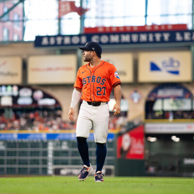 HOUSTON, TX - OCTOBER 02: Jose Altuve #27 of the Houston Astros looks on prior to Game 2 of the Wild Card Series presented by T-Mobile 5G Home Internet between the Detroit Tigers and the Houston Astros at Minute Maid Park on Wednesday, October 2, 2024 in Houston, Texas. (Photo by Alex Bierens de Haan/MLB Photos via Getty Images)