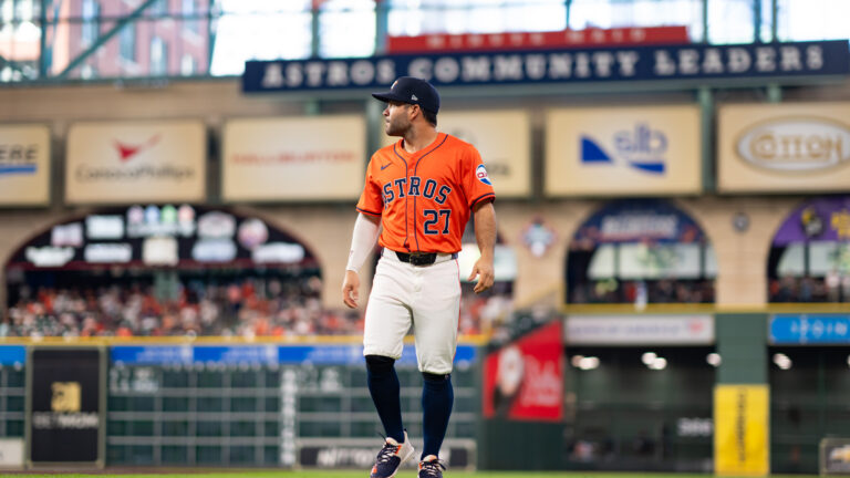 HOUSTON, TX - OCTOBER 02: Jose Altuve #27 of the Houston Astros looks on prior to Game 2 of the Wild Card Series presented by T-Mobile 5G Home Internet between the Detroit Tigers and the Houston Astros at Minute Maid Park on Wednesday, October 2, 2024 in Houston, Texas. (Photo by Alex Bierens de Haan/MLB Photos via Getty Images)