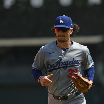 DETROIT, MICHIGAN - JULY 14, 2024: James Outman #33 of the Los Angeles Dodgers runs off the field after the fifth inning against the Detroit Tigers at Comerica Park on July 14, 2024 in Detroit, Michigan. (Photo by George Kubas/Diamond Images via Getty Images)