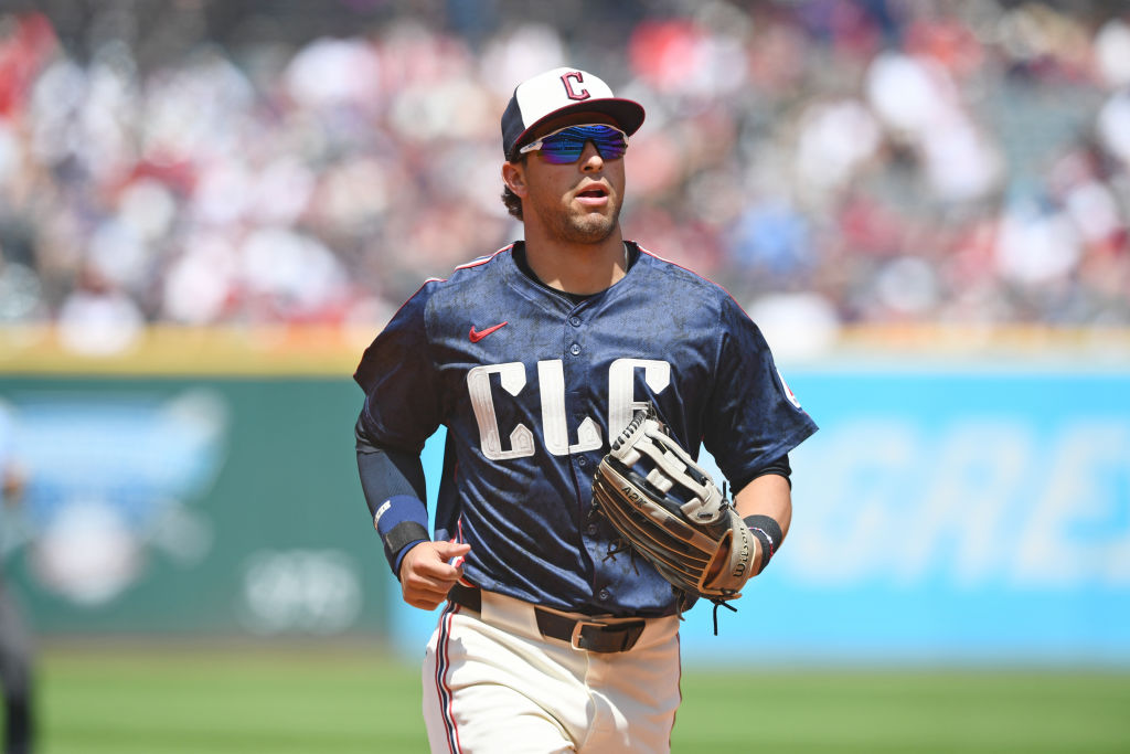 Tyler Freeman of the Cleveland Guardians runs off the field during the fourth inning against the San Francisco Giants at Progressive Field.