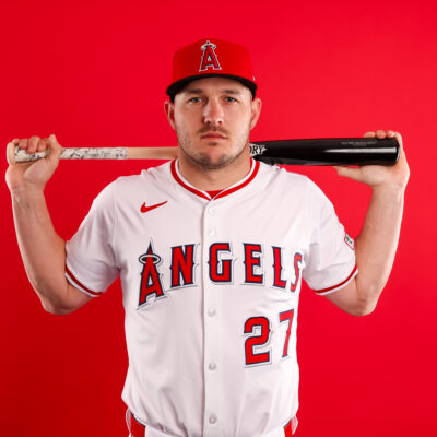 Mike Trout of the Los Angeles Angels poses for a portrait during Los Angeles Angels Photo Day at Tempe Diablo Stadium.