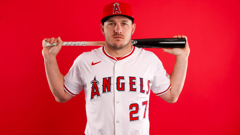Mike Trout of the Los Angeles Angels poses for a portrait during Los Angeles Angels Photo Day at Tempe Diablo Stadium.