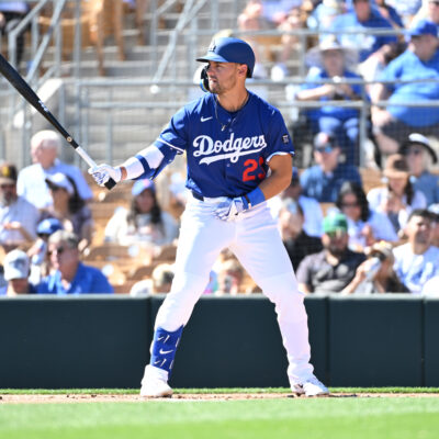 Michael Conforto of the Los Angeles Dodgers gets ready in the batters box against the San Diego Padres during a spring training game at Camelback Ranch.