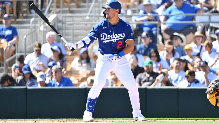 Michael Conforto of the Los Angeles Dodgers gets ready in the batters box against the San Diego Padres during a spring training game at Camelback Ranch.