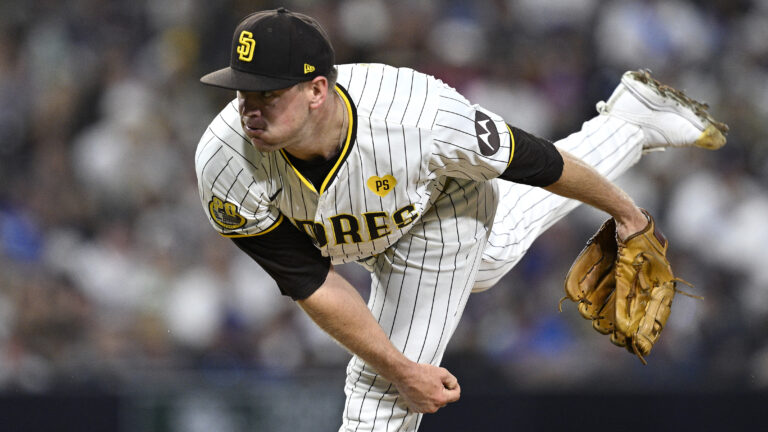 Stephen Kolek of the San Diego Padres pitches against the Los Angeles Dodgers during the sixth inning at Petco Park.