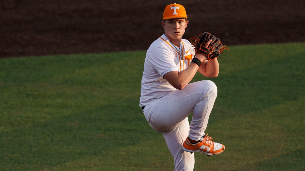 KNOXVILLE, TN - February 14, 2025 - Pitcher Liam Doyle #12 of the Tennessee Volunteers during the game between the Hofstra Pride and the Tennessee Volunteers at Lindsey Nelson Stadium in Knoxville, TN. Photo By Kate Luffman/Tennessee Athletics