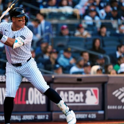 Aaron Judge of the New York Yankees looks on from the on-deck circle during the game between the Milwaukee Brewers and the New York Yankees at Yankee Stadium.
