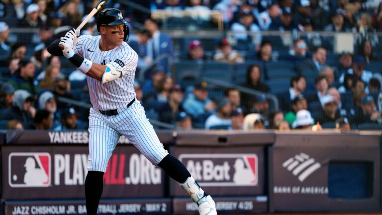 Aaron Judge of the New York Yankees looks on from the on-deck circle during the game between the Milwaukee Brewers and the New York Yankees at Yankee Stadium.