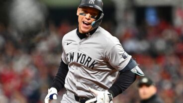 Aaron Judge of the New York Yankees celebrates after a two run home run during the eighth inning against the Cleveland Guardians during Game Three of the American League Championship Series at Progressive Field.