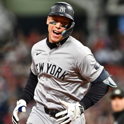 Aaron Judge of the New York Yankees celebrates after a two run home run during the eighth inning against the Cleveland Guardians during Game Three of the American League Championship Series at Progressive Field.