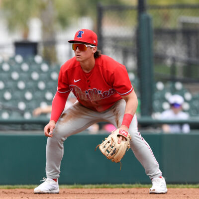 LAKELAND, FLORIDA - MARCH 16, 2024: Aidan Miller #21 of the Philadelphia Phillies in the field during the first inning of a spring training Spring Breakout game against the Detroit Tigers at Publix Field at Joker Marchant Stadium on March 16, 2024 in Lakeland, Florida. (Photo by George Kubas/Diamond Images via Getty Images)